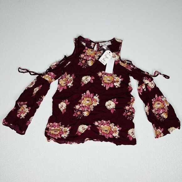 Hippie Rose Womens Floral Print Cold Shoulder Blouse Burgundy XS NWT - Picture 2 of 11